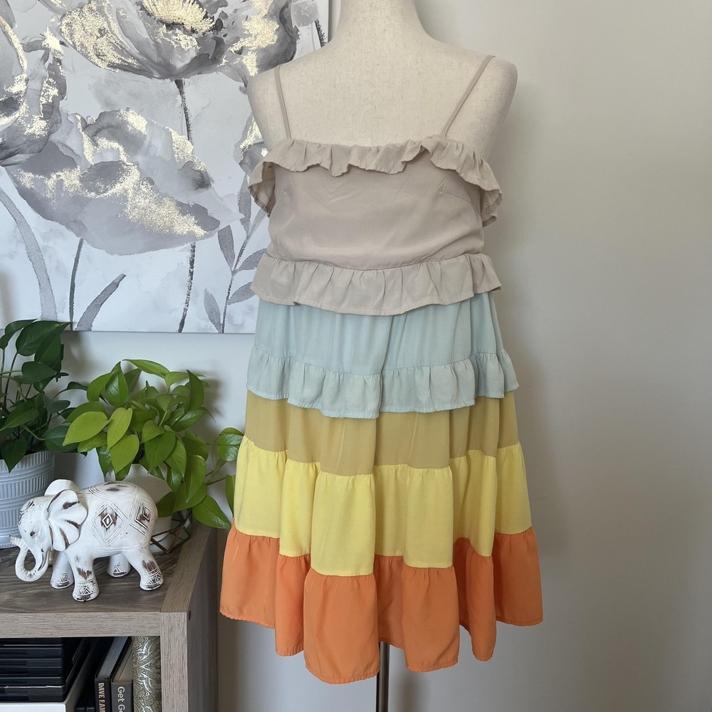 Womens Boho Tiered Ruffle Sundress Rainbow Colorblock Swing Dress Size Small‎